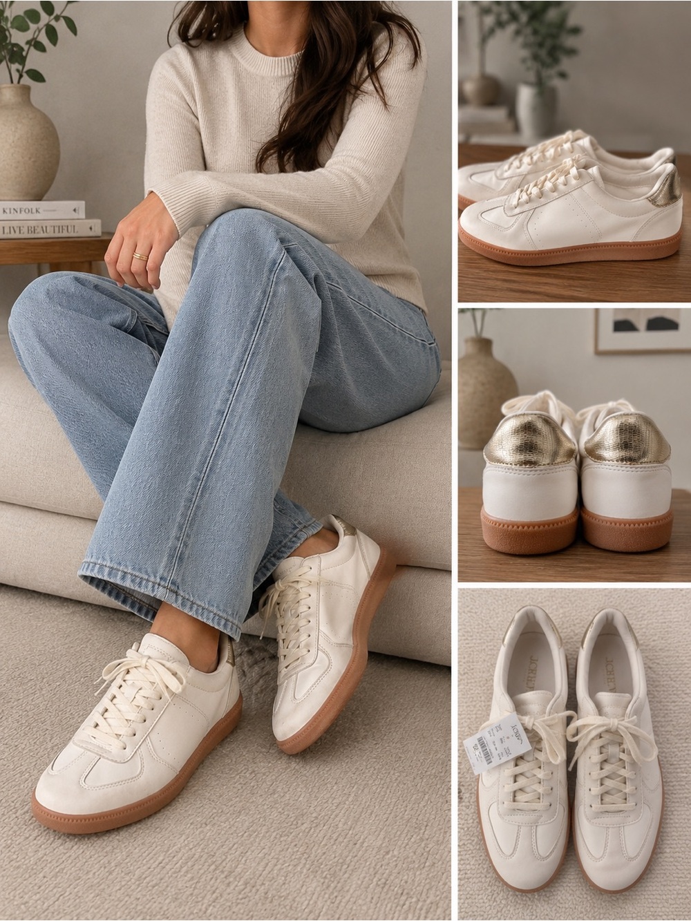 J. Crew Cream Leather Sneakers with Metallic Gold Heel